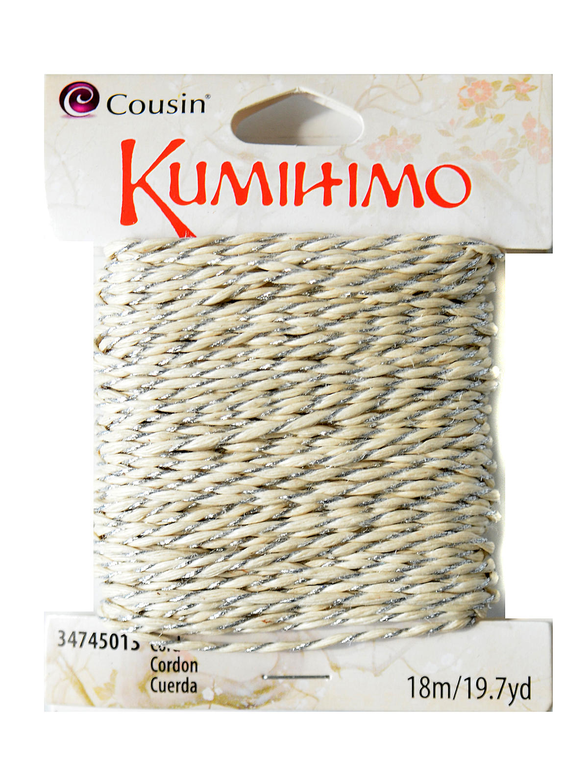 Kumihimo Cord 19.7 Yds. White With Silver Twist