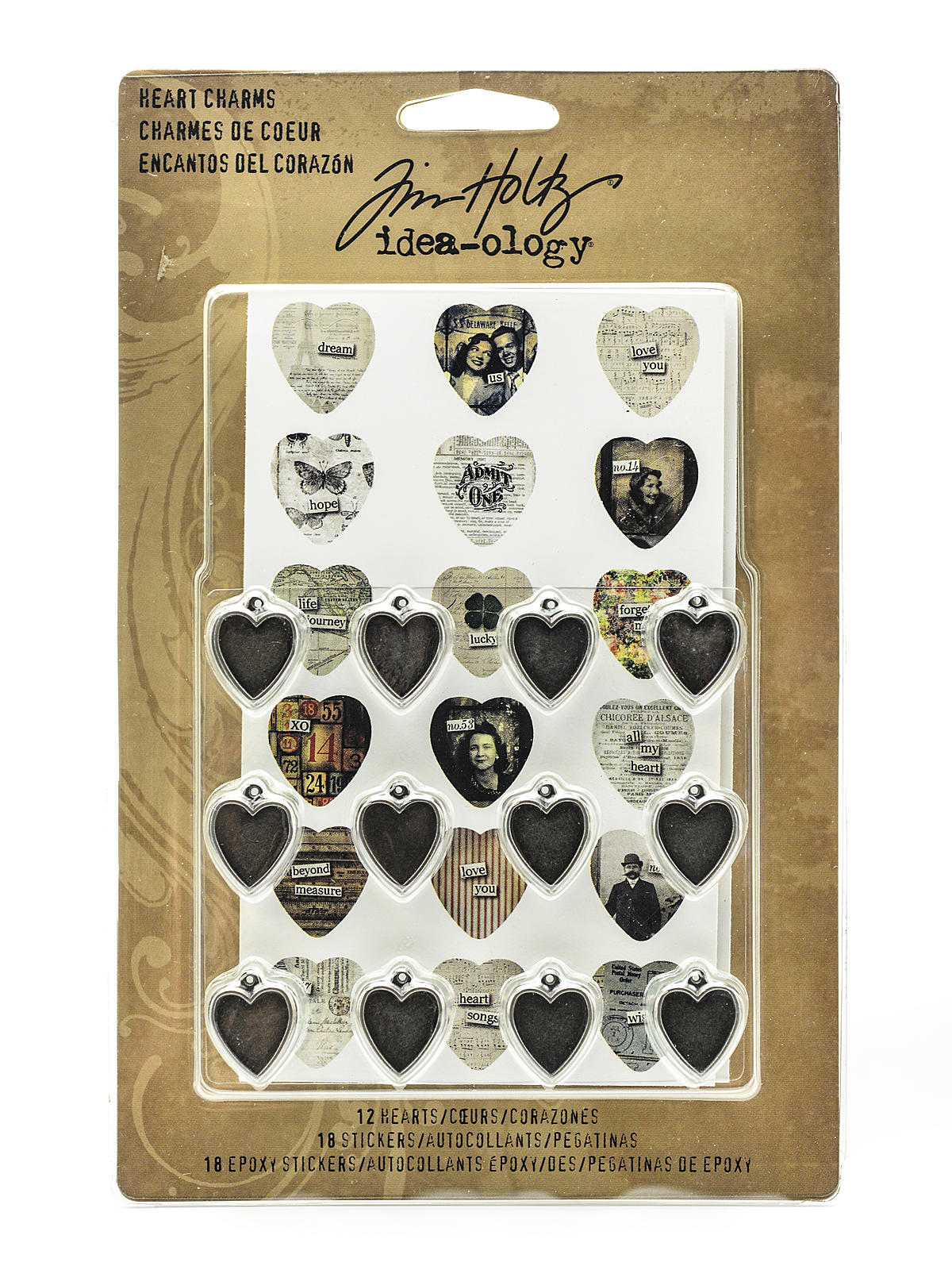 Idea-ology Findings Antique Nickel Finish Heart Charms Pack Of 12, 18 Stickers, 12 Epoxy Stickers