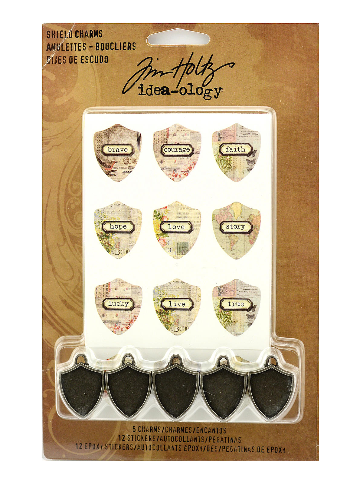 Idea-ology Findings Antique Nickel Finish Shield Charms Pack Of 5, 12 Stickers, 12 Epoxy Stickers