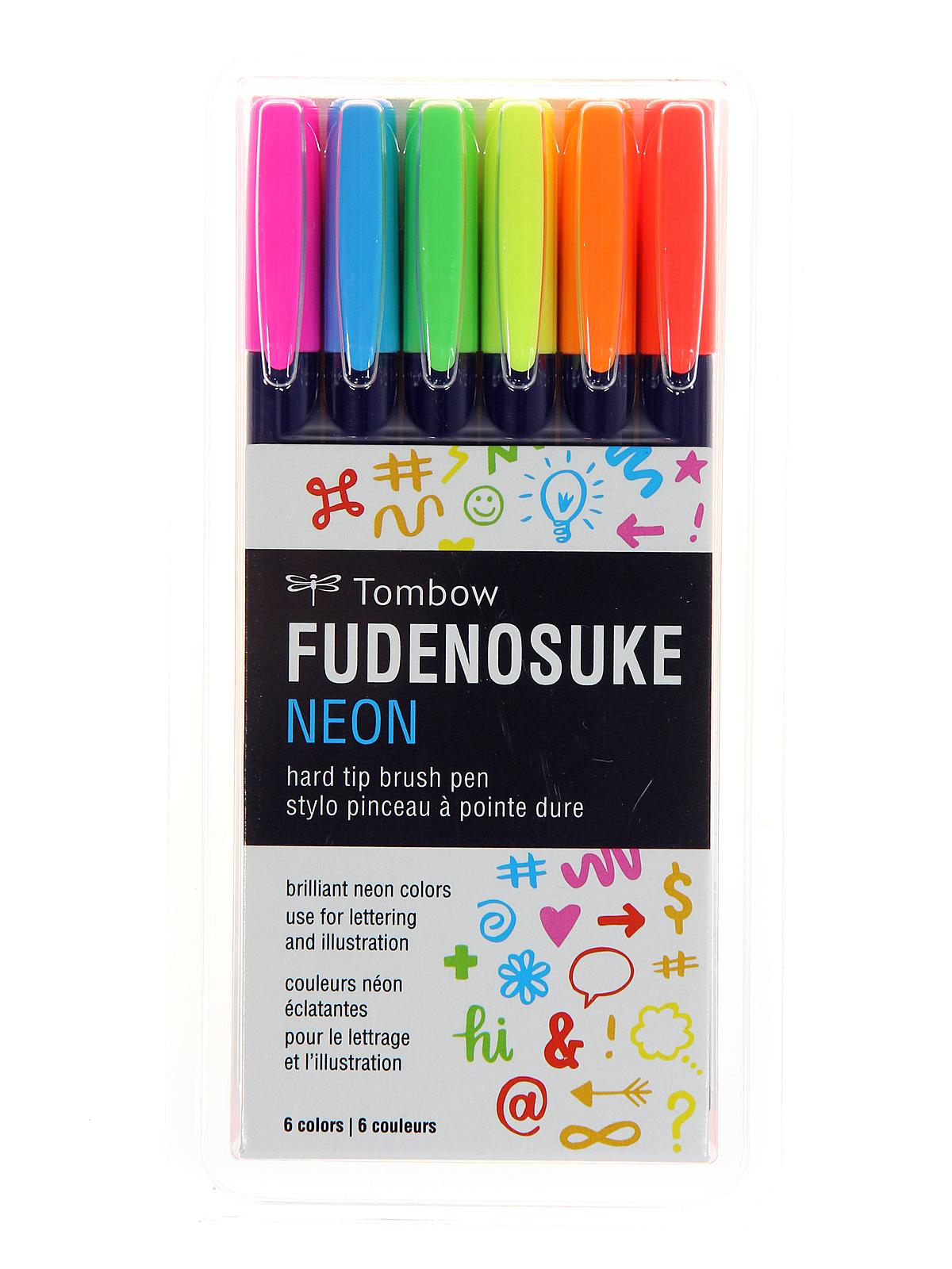Fudenosuke Brush Pens flexible hard tip neon colors set of 6