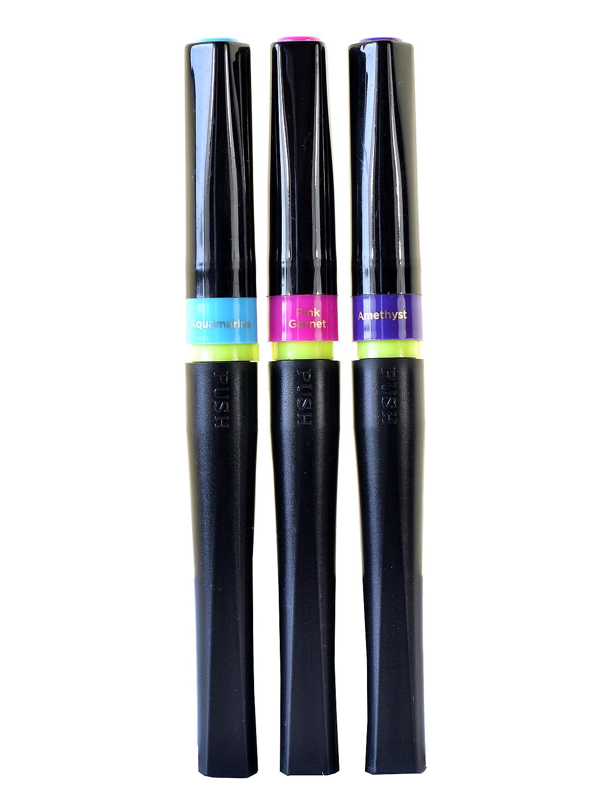 Sparkle Glitter Brush Pens Glitz And Glamour Pack Of 3 Aquamarine, Amethyst, Pink Garnet