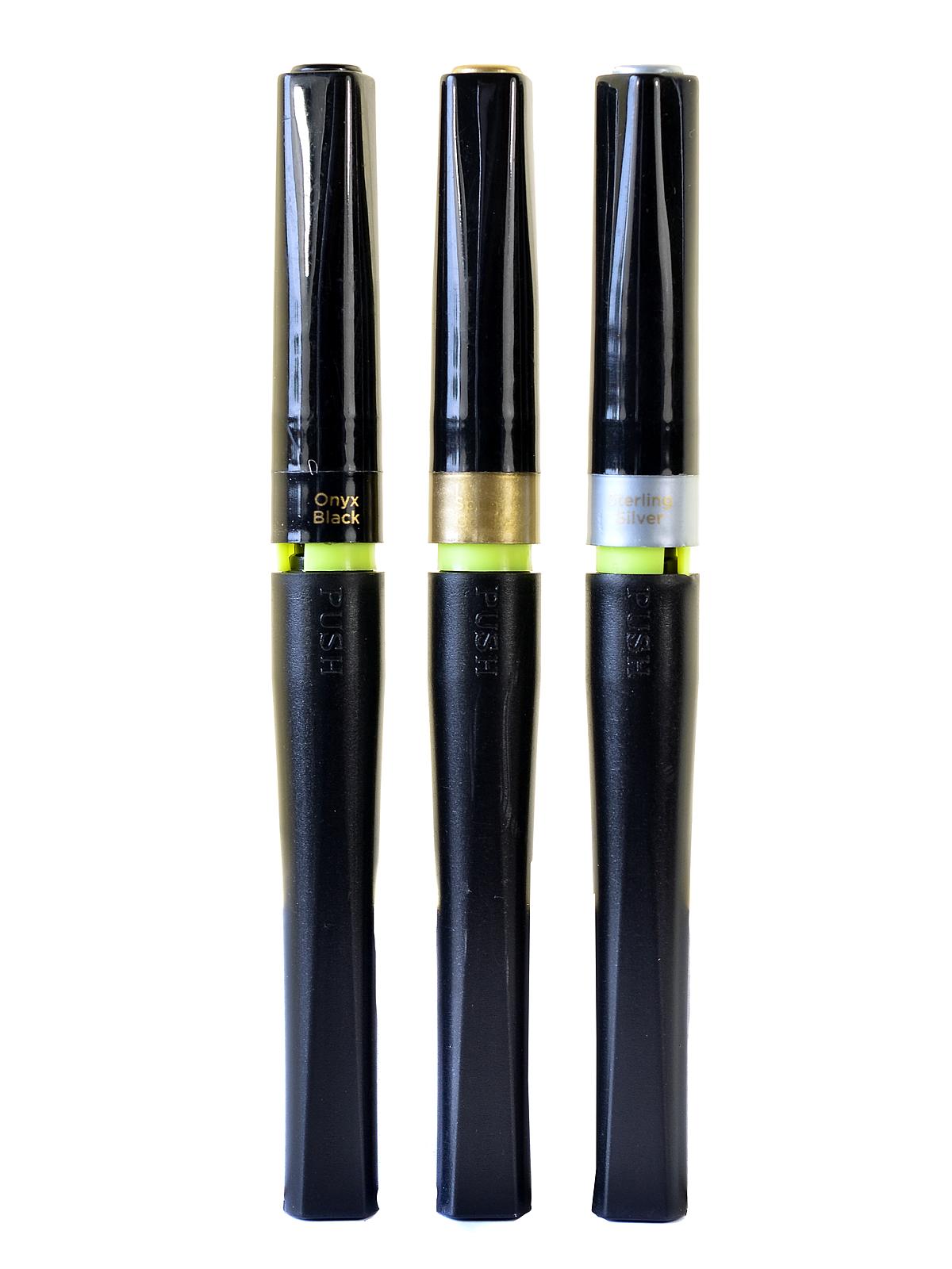 Sparkle Glitter Brush Pens Metallics Pack Of 3 Black, Spun Gold, Sterling