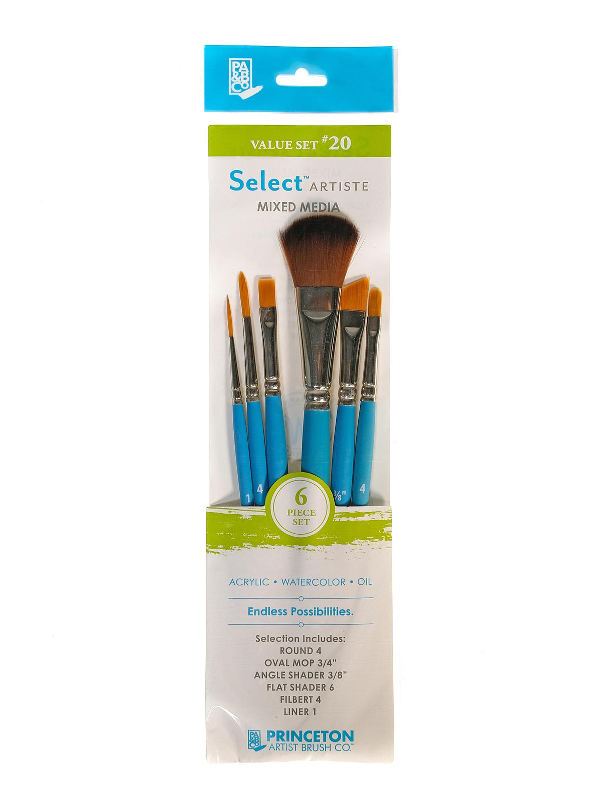 Select Artiste Brush Sets Select Value Set #20 Round 4, Oval Mop 3 4", Angle Shader 3 8", Flat Shader 6, Filbert 4, Liner 1