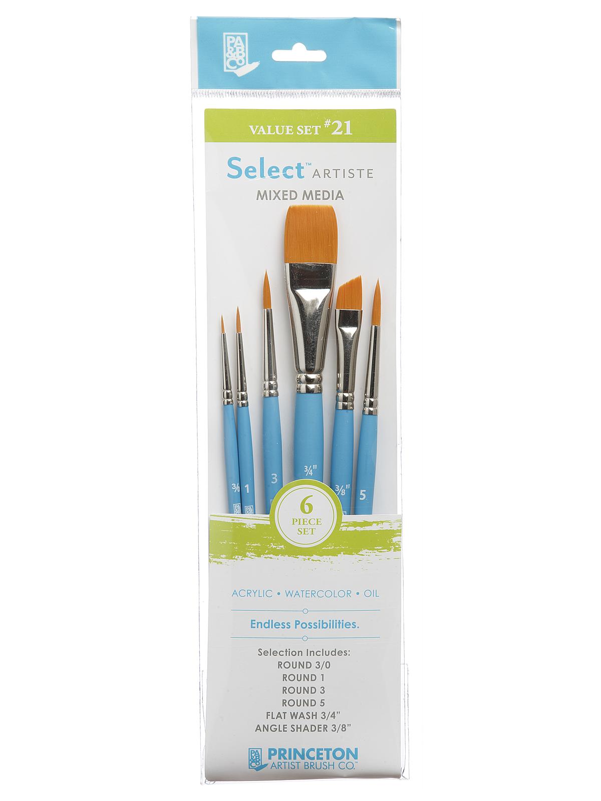 Select Artiste Brush Sets Select Value Set #21 Round 3 0, 1, 3, 5, Flat Wash 3 4", Angle Shader 3 8"