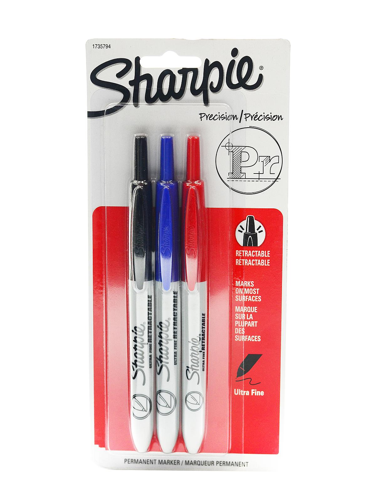 Retractable Markers Blue, Red, Black Ultra Fine Tip Pack Of 3