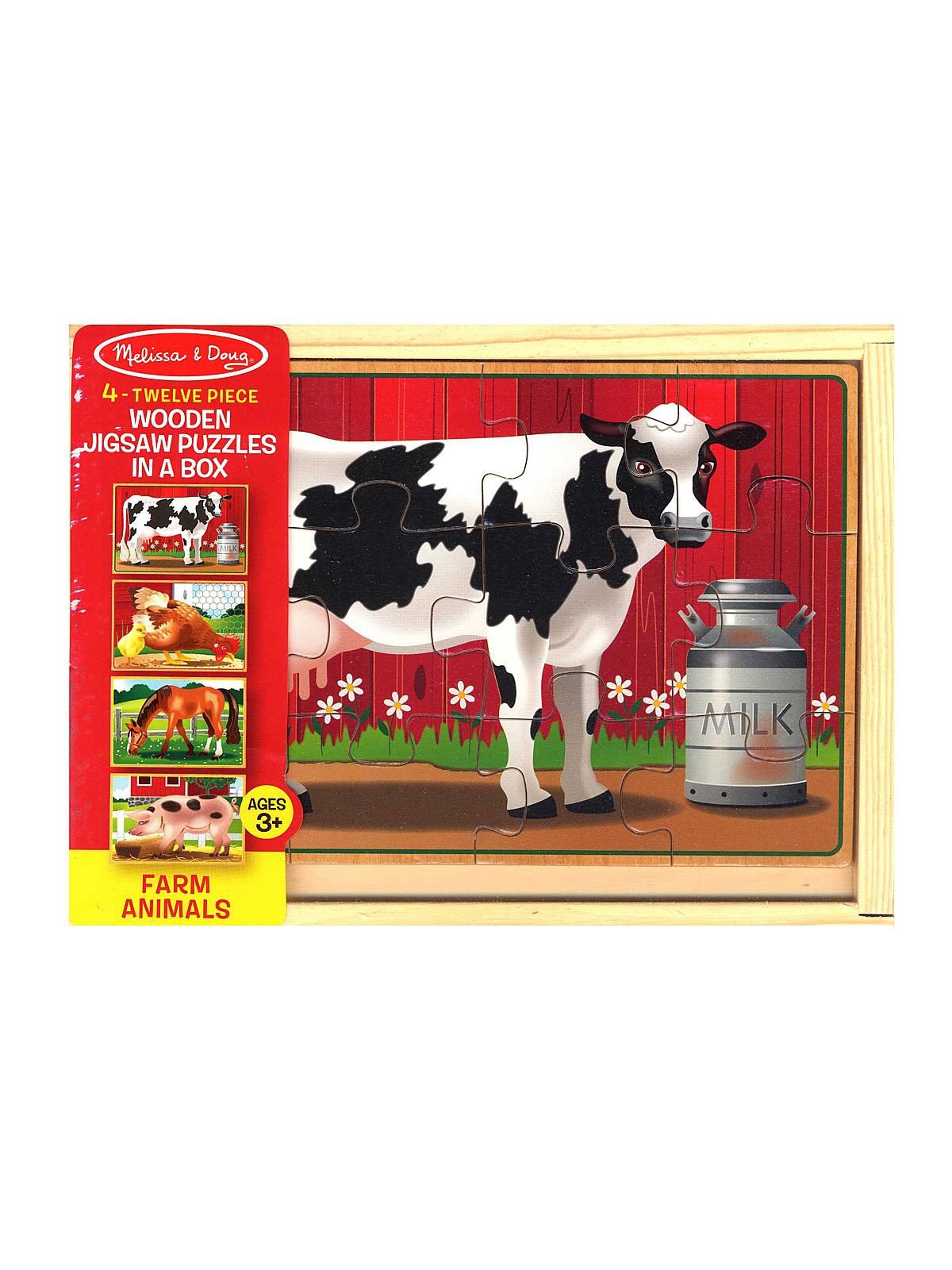 Wooden Puzzles In A Box Farm Animals 4 Puzzles, 12 Pieces Each