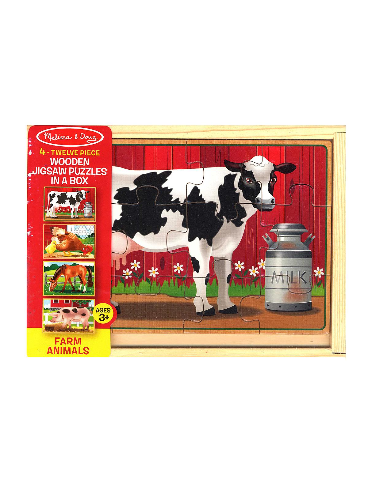 Wooden Puzzles in a Box farm animals 4 puzzles, 12 pieces each
