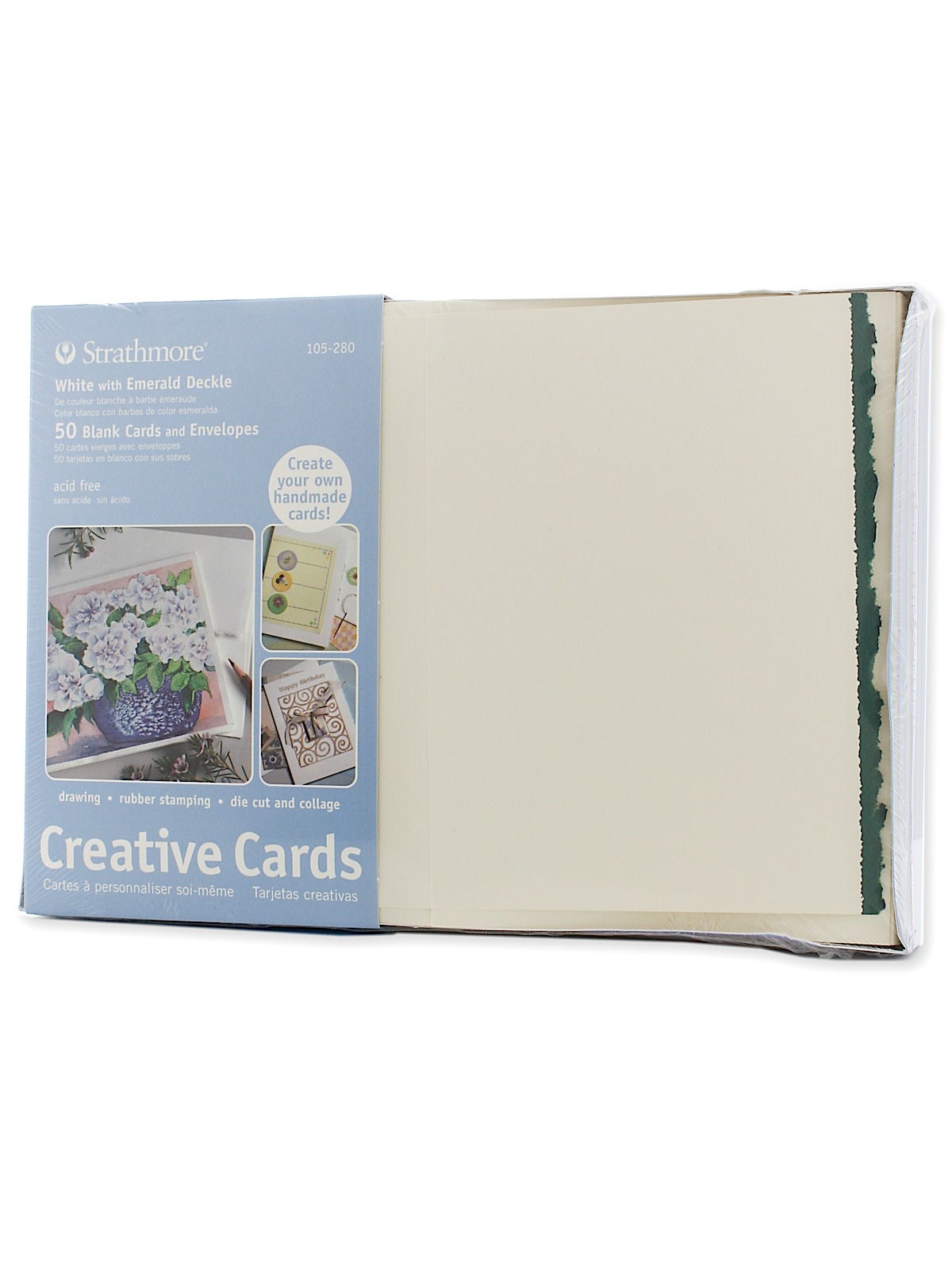 Blank Greeting Cards With Envelopes White With Green Deckle Pack Of 50