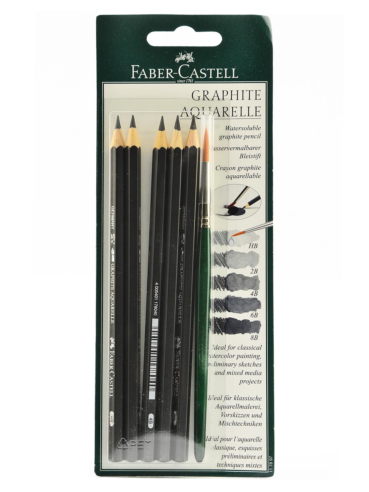 Graphite Aquarelle Water-soluble Pencils assorted set of 5 with brush
