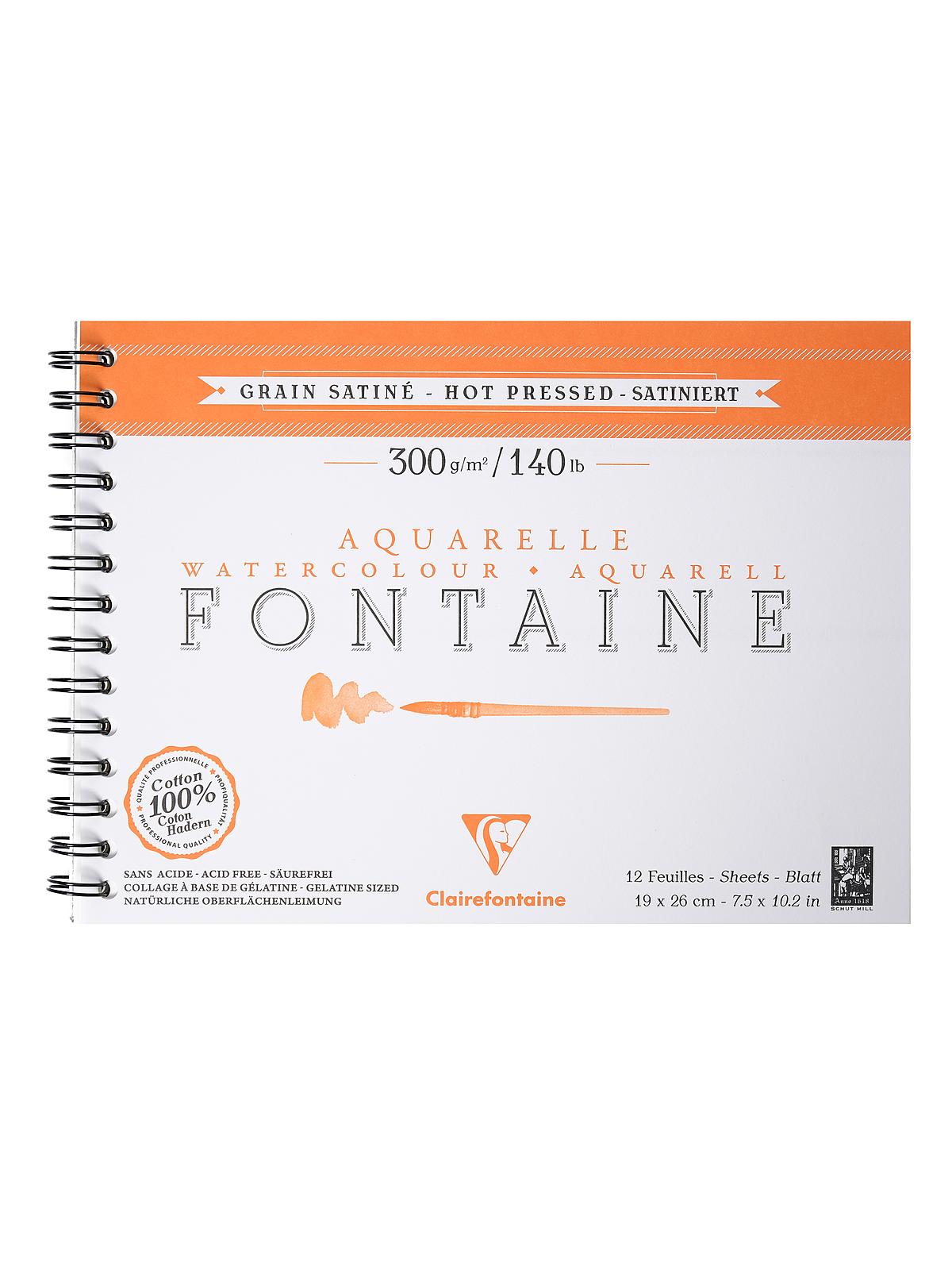 Fontaine Watercolor Pads Hot Pressed Wirebound 7 1 2 In. X 10 1 4 In. 12 Sheets