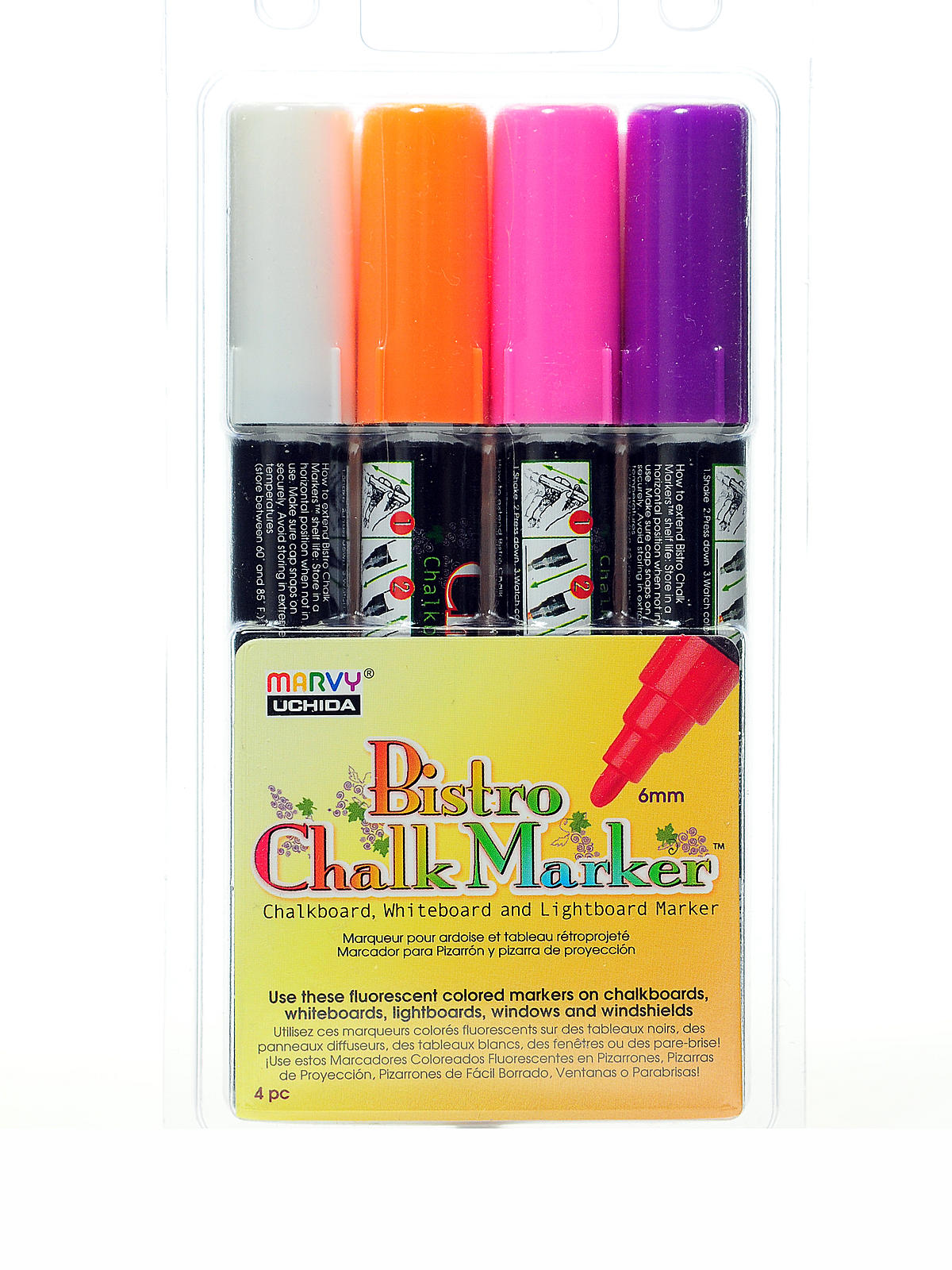 Bistro Chalk Marker Sets broad point white, fl. violet, fl. orange, fl. pink