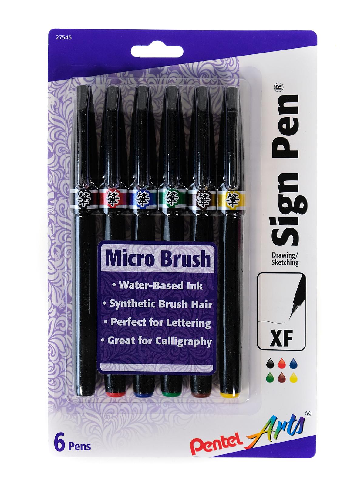 Arts Sign Pen Micro Brush Set assorted pack of 6 black, red, blue, green, brown, yellow