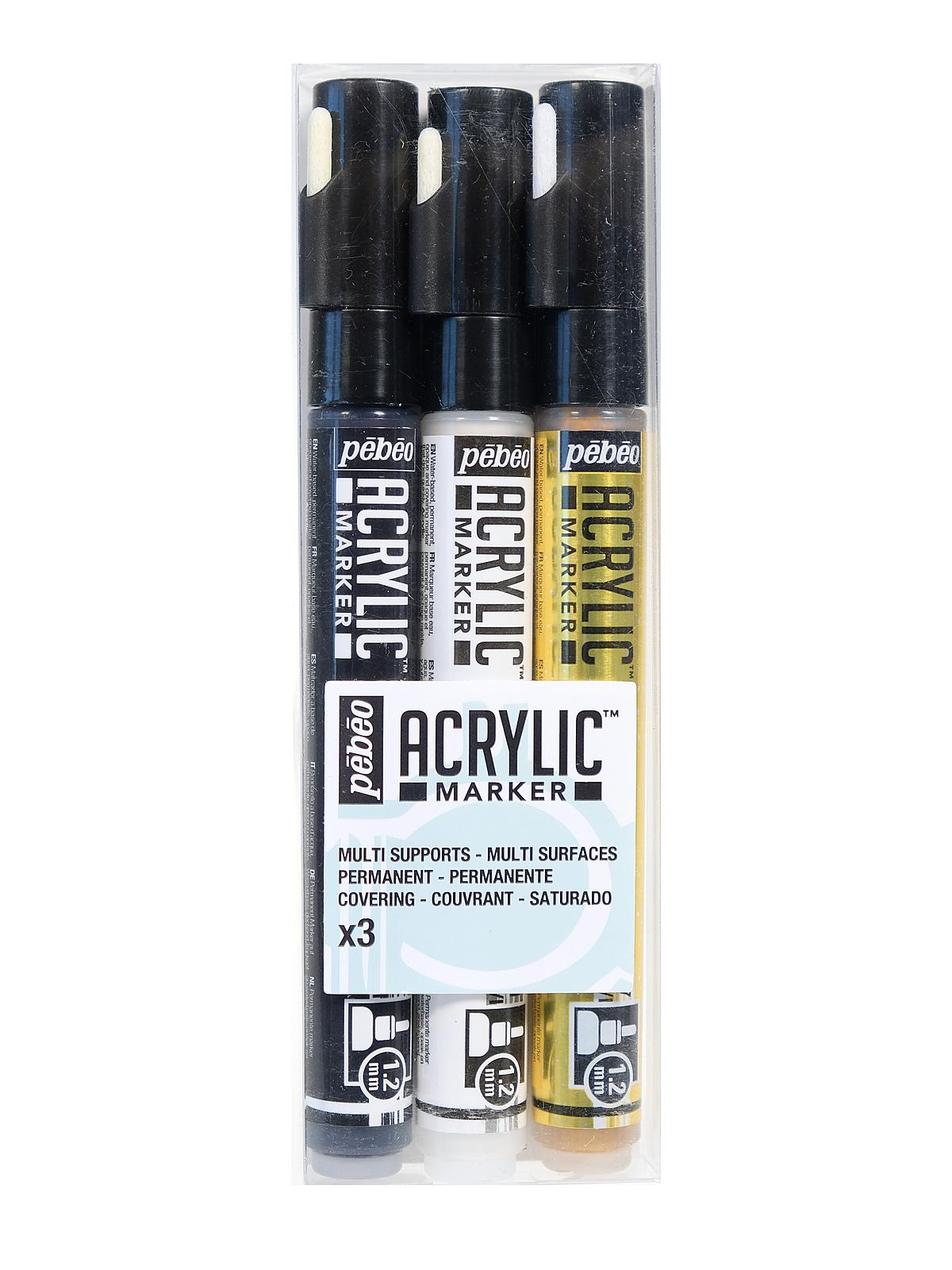 Acrylic Marker Sets set of 3 black, white, gold