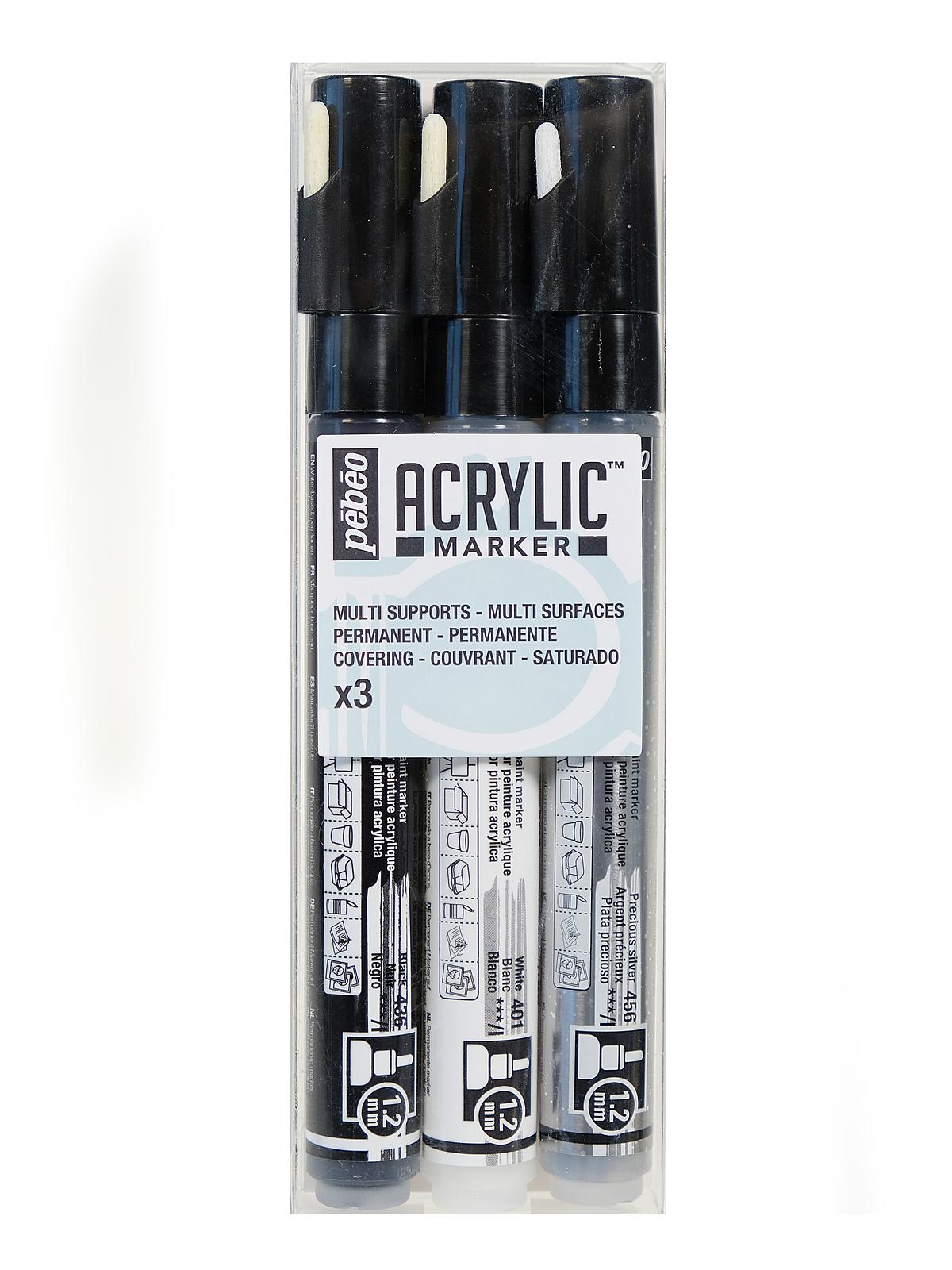 Acrylic Marker Sets set of 3 black, white, silver