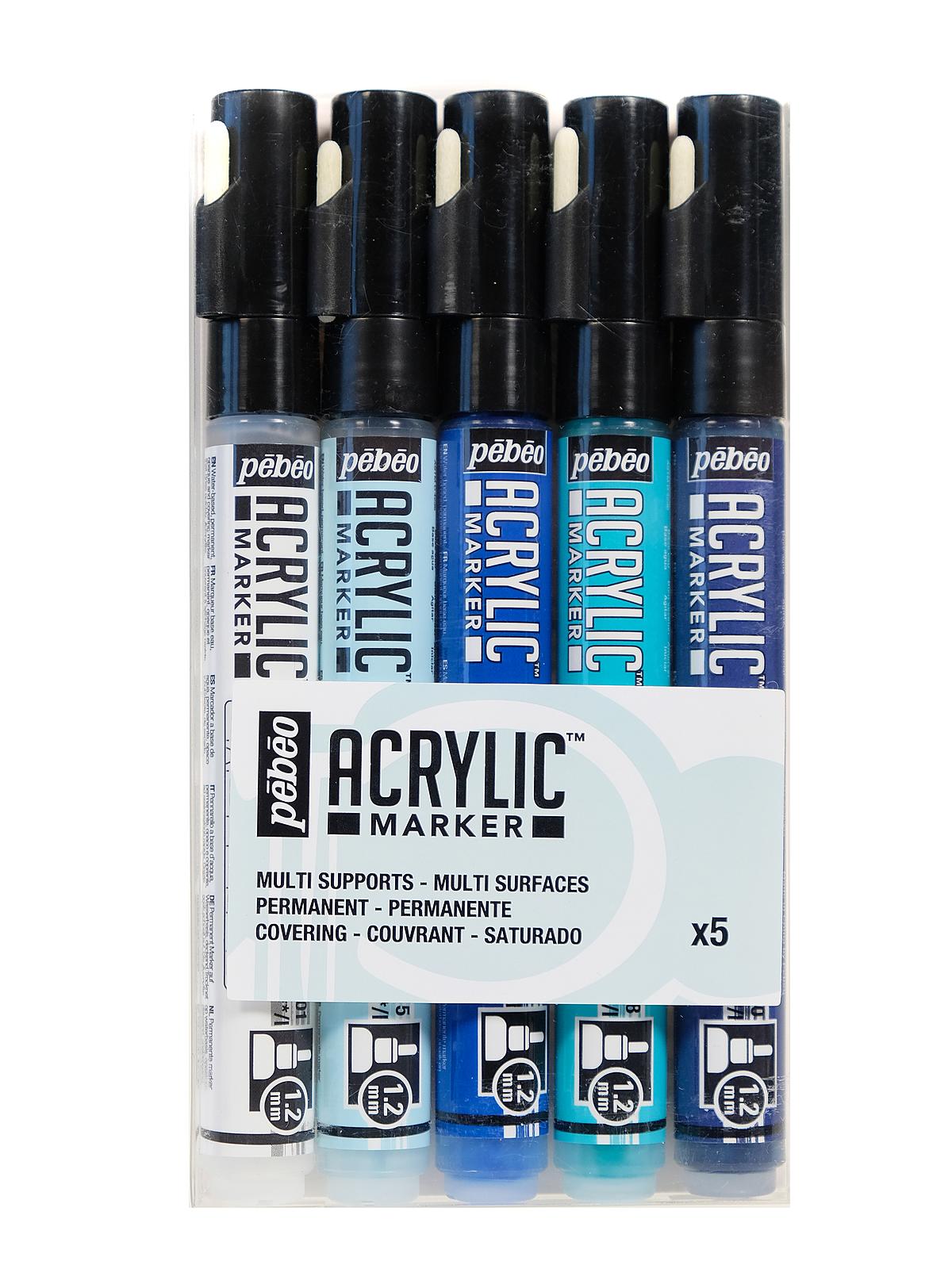 Acrylic Marker Sets set of 5 white, light blue, cyan, Caribbean blue, night blue