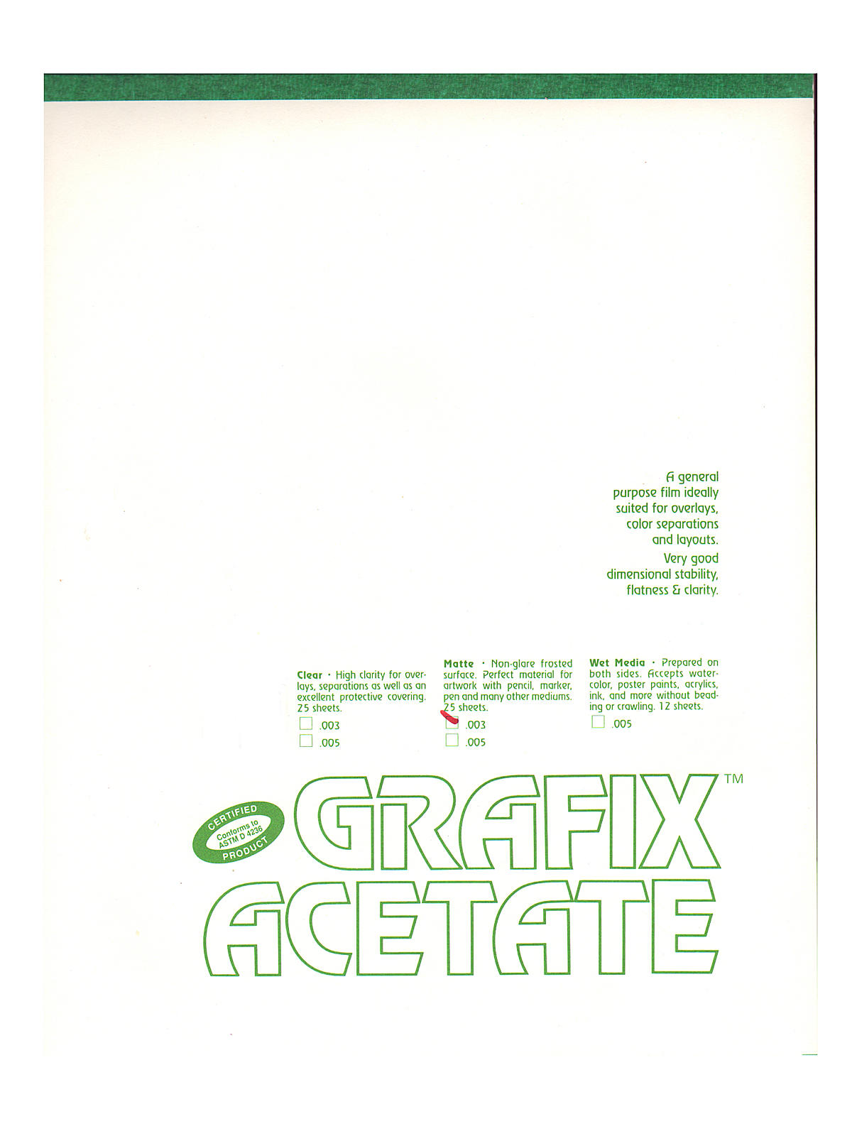 Matte Acetate Film Pads 0.003 14 in. x 17 in. pad of 25