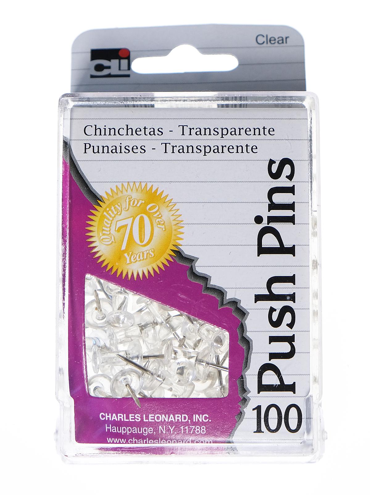 Push Pins clear pack of 100 reusable box
