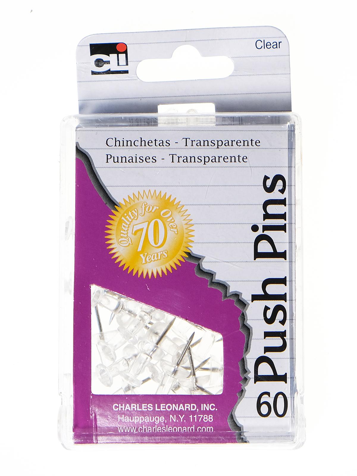 Push Pins clear pack of 60 reusable box