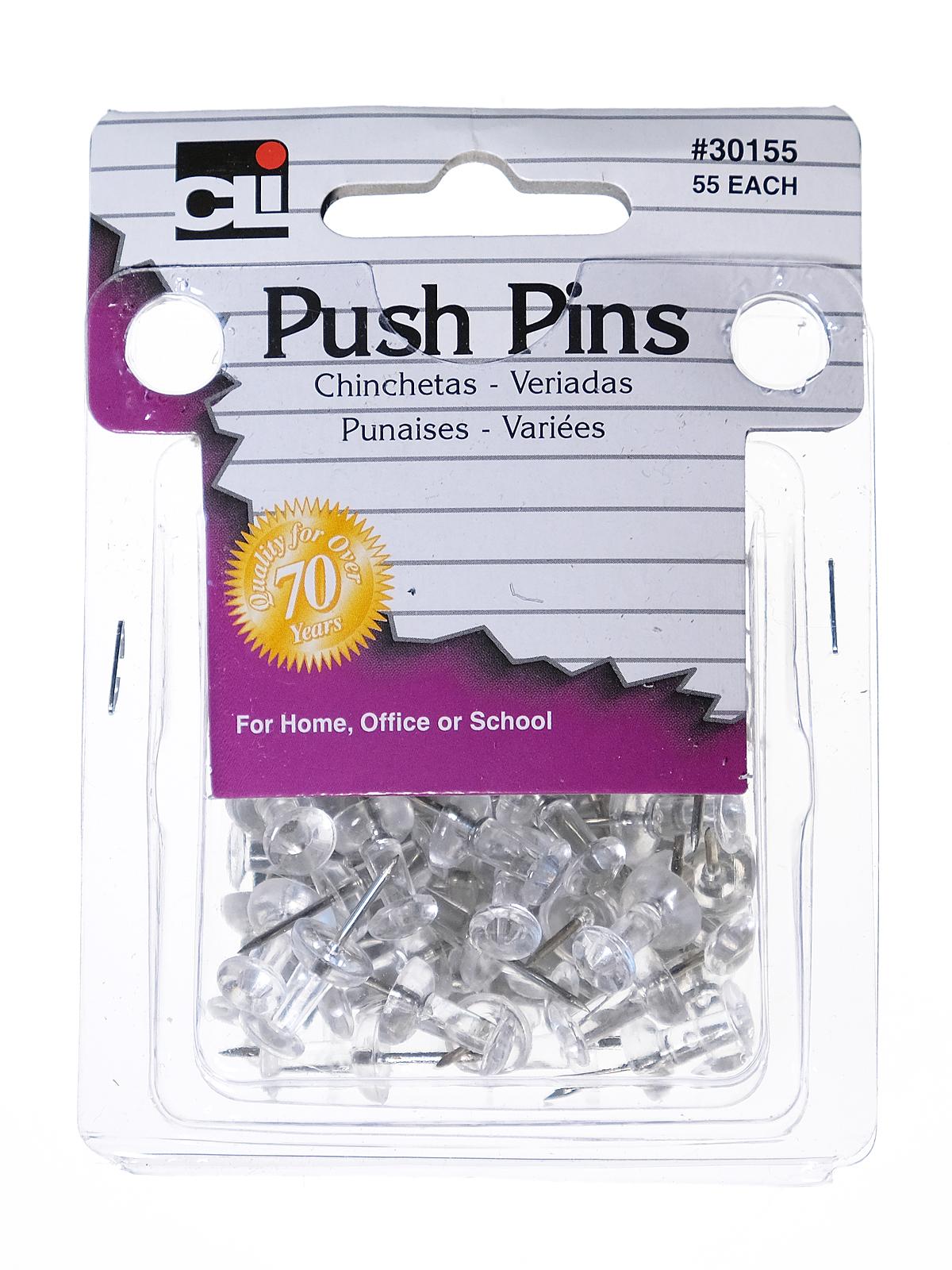 Push Pins clear pack of 55 clam shell