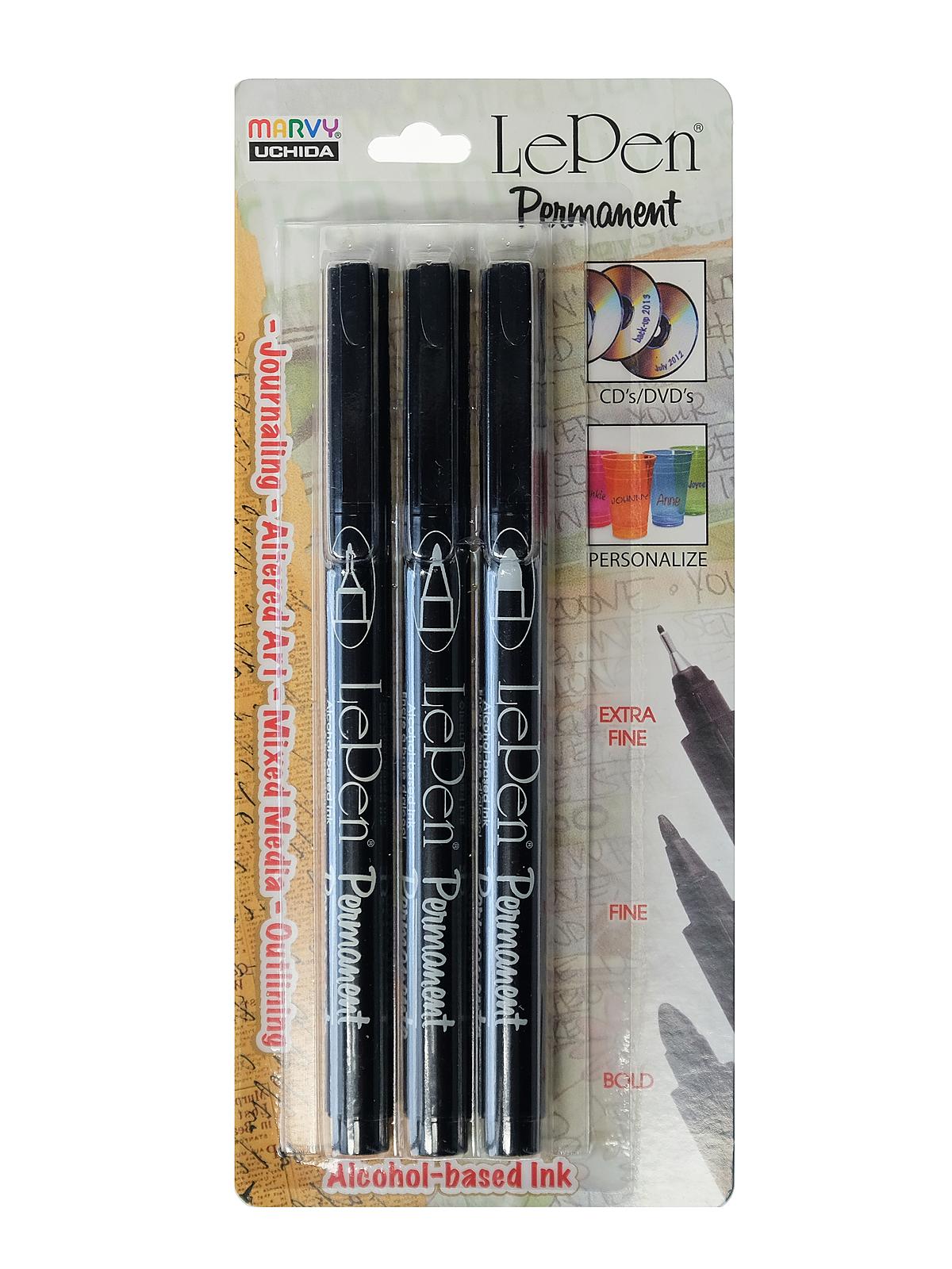 Le Pen Permanent Pens extra fine, fine, bold tip black set of 3