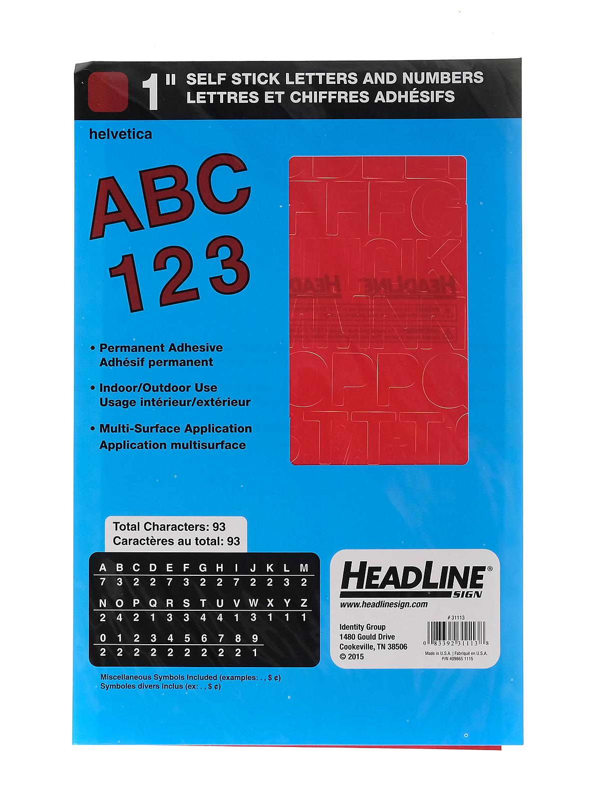 Red Vinyl Stick-On Letters 1 In. Helvetica Capitals And Numbers