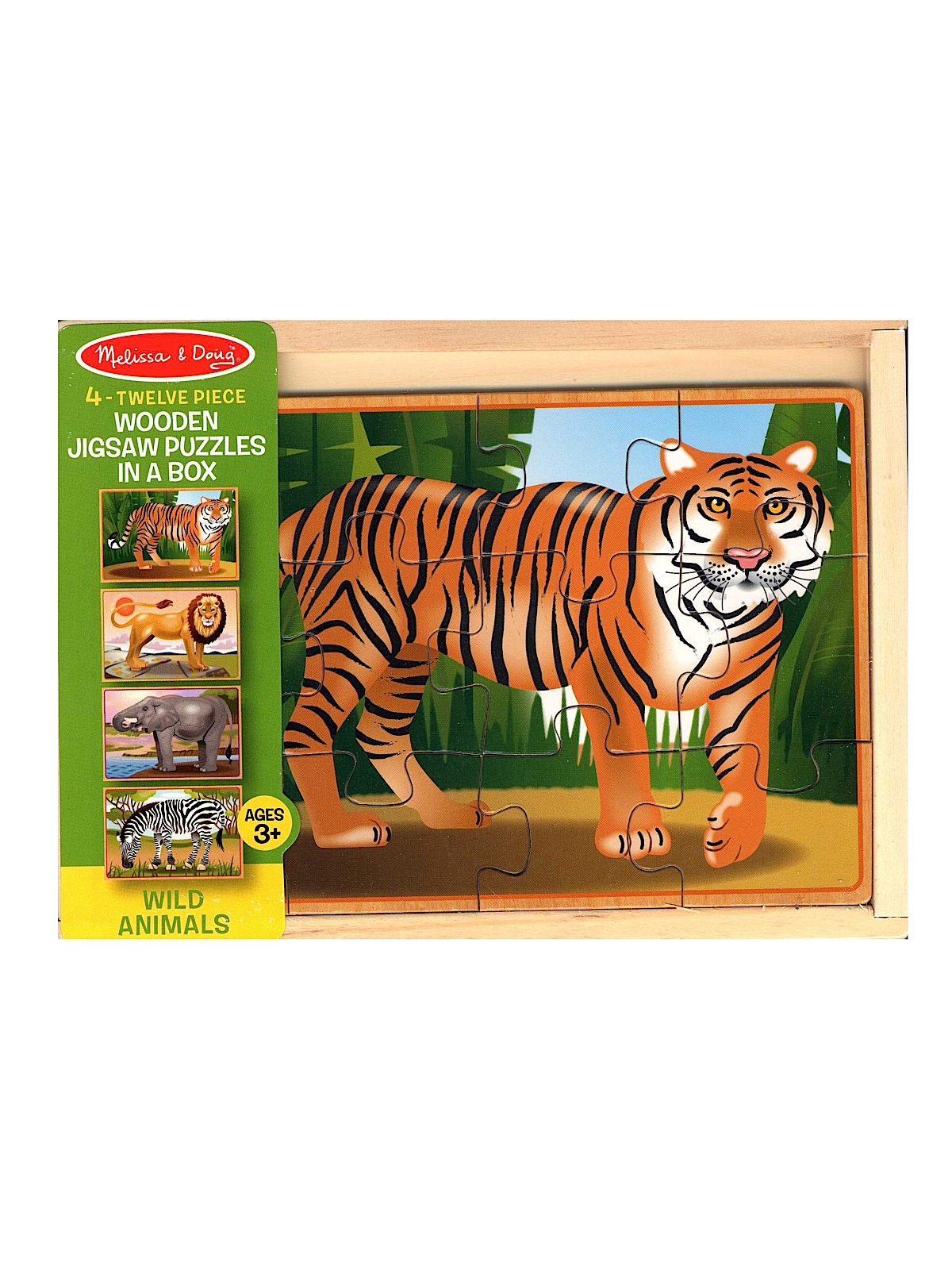 Wooden Puzzles In A Box Wild Animals 4 Puzzles, 12 Pieces Each